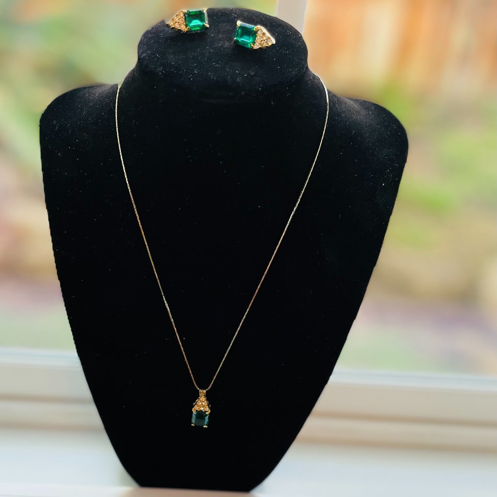 2 Items Japan Signed Diamond Cut Emerald Zirconias On A Chin Japan Earrings 60$